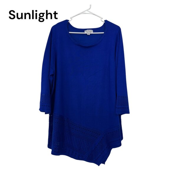 Kim Rogers Womens Curvy SZ 1X Blue 3/4 Sleeve Knit Tunic Top With Crochet Hem - Picture 1 of 10